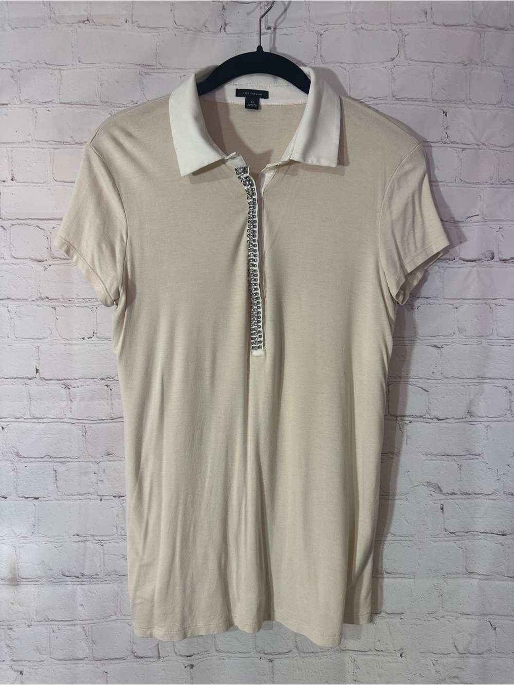 Ann Taylor Rhinestone Embellished Polo Top Ivory M